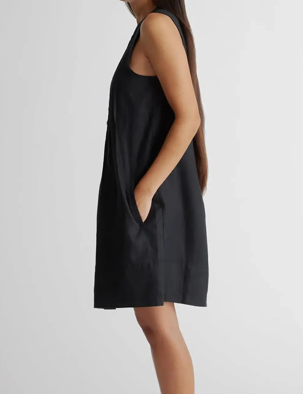 Women's Summer Linen Scoop Neck Sleeveless Swing Tank Dress Casual Front Button Dresses with Pockets