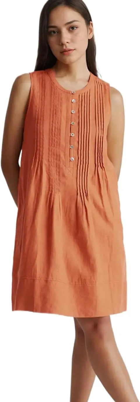 Women's Summer Linen Scoop Neck Sleeveless Swing Tank Dress Casual Front Button Dresses with Pockets
