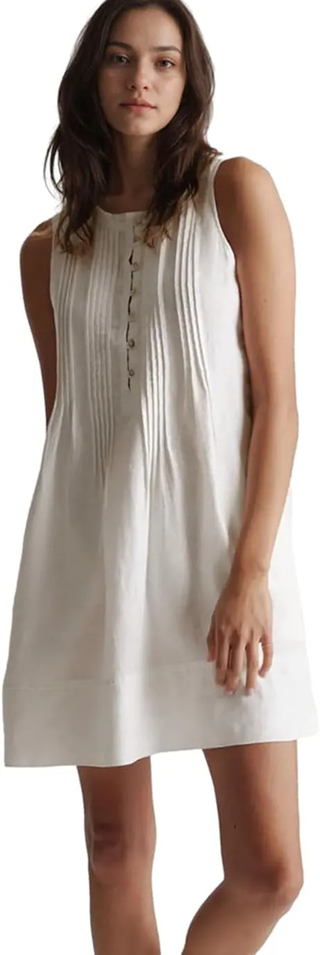 Women's Summer Linen Scoop Neck Sleeveless Swing Tank Dress Casual Front Button Dresses with Pockets