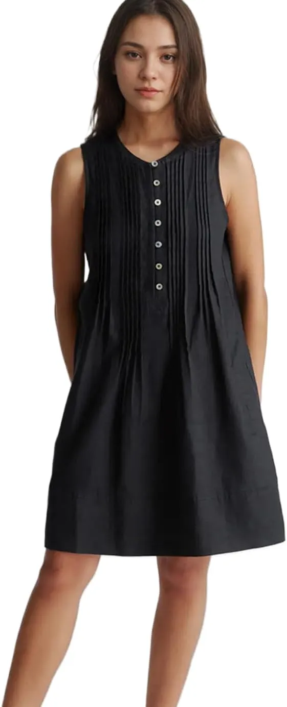 Women's Summer Linen Scoop Neck Sleeveless Swing Tank Dress Casual Front Button Dresses with Pockets