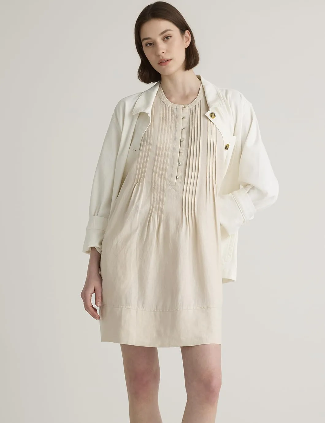 Women's Summer Linen Scoop Neck Sleeveless Swing Tank Dress Casual Front Button Dresses with Pockets