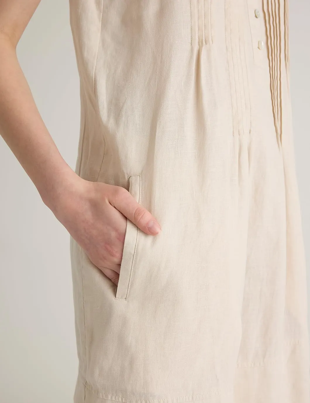 Women's Summer Linen Scoop Neck Sleeveless Swing Tank Dress Casual Front Button Dresses with Pockets