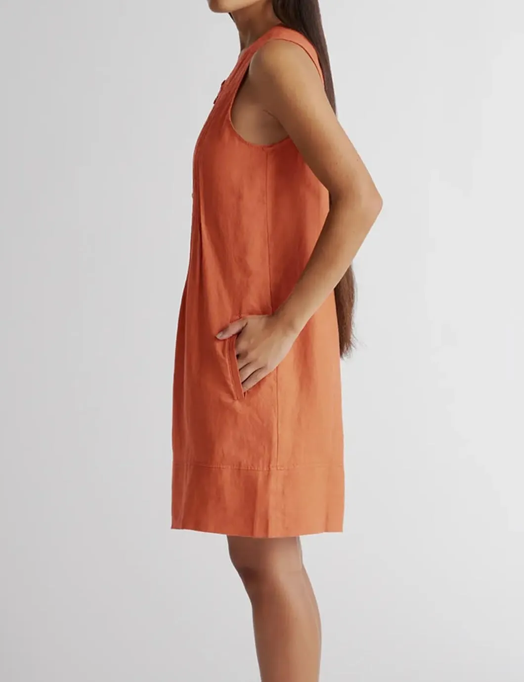 Women's Summer Linen Scoop Neck Sleeveless Swing Tank Dress Casual Front Button Dresses with Pockets