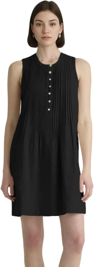 Women's Summer Linen Scoop Neck Sleeveless Swing Tank Dress Casual Front Button Dresses with Pockets