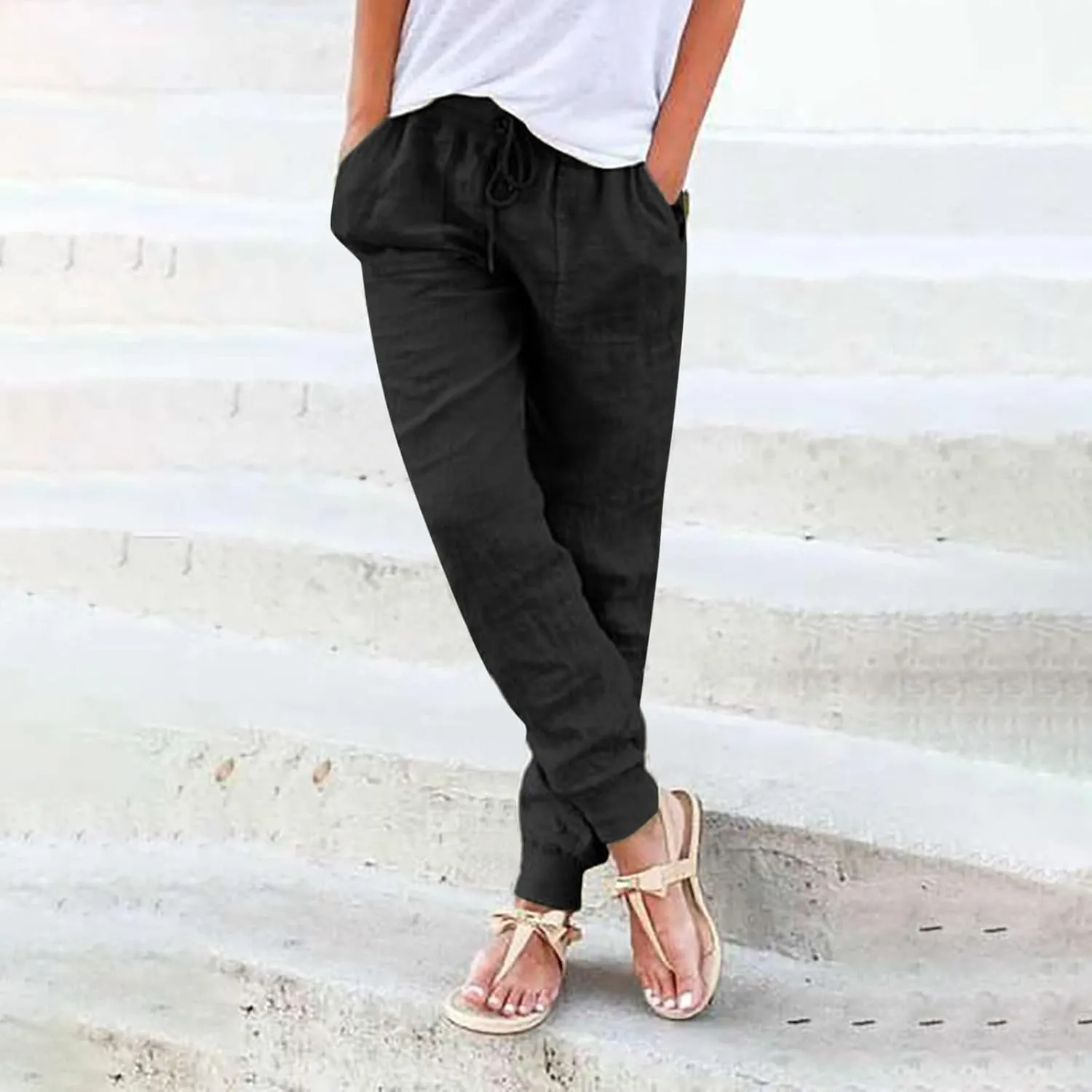 Womens Tapered Pants Cotton Linen Summer Casual High Waist Lightweight Jogger Pants Drawstring Hiking Trousers with Pockets