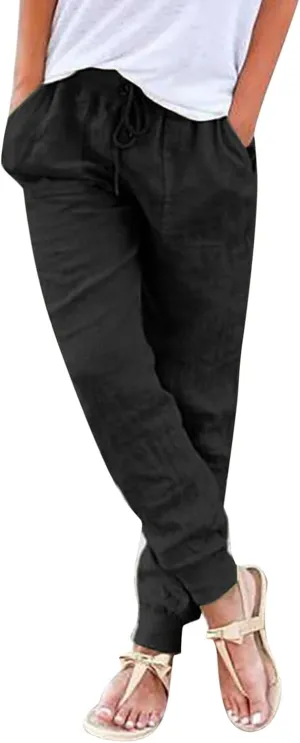 Womens Tapered Pants Cotton Linen Summer Casual High Waist Lightweight Jogger Pants Drawstring Hiking Trousers with Pockets
