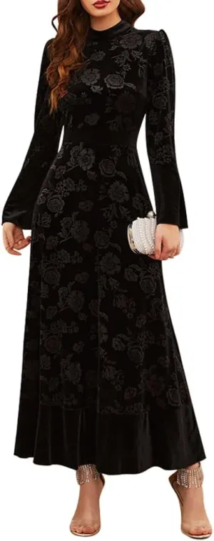Women's Velvet Long Sleeve Maxi Dress Elegant Round Neck Winter A Line Fall Winter Evening Party Long Dress