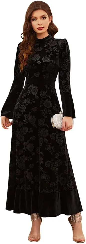 Women's Velvet Long Sleeve Maxi Dress Elegant Round Neck Winter A Line Fall Winter Evening Party Long Dress