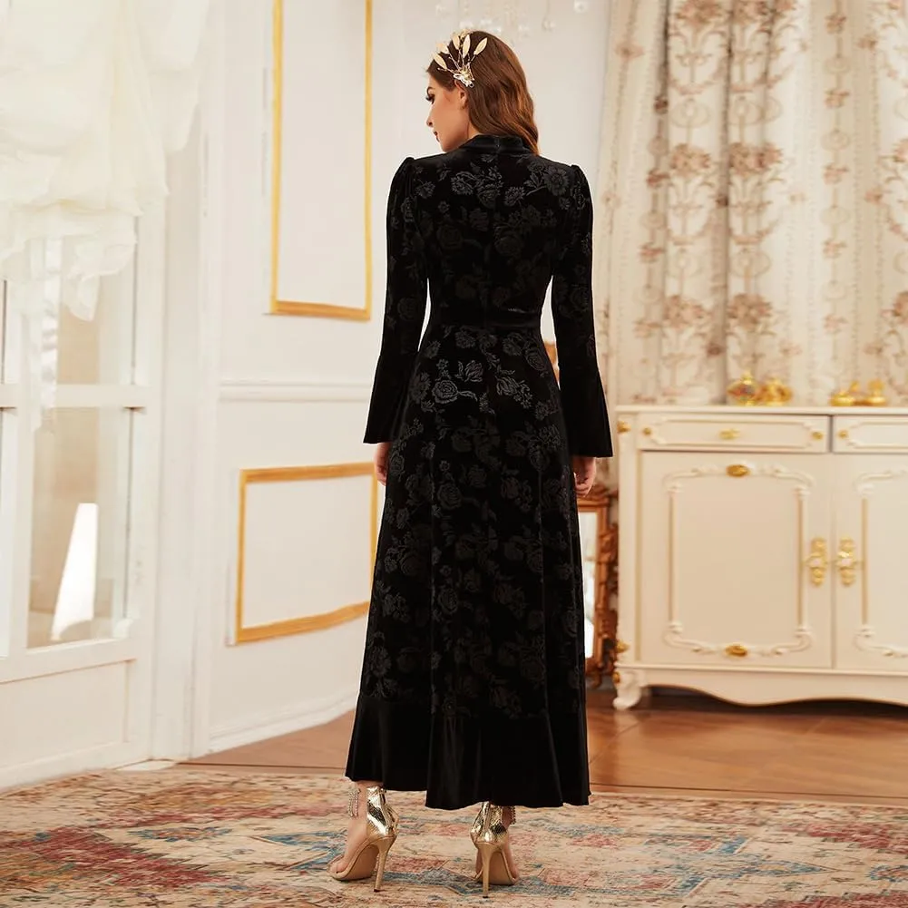 Women's Velvet Long Sleeve Maxi Dress Elegant Round Neck Winter A Line Fall Winter Evening Party Long Dress