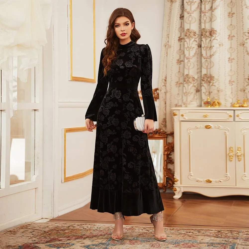 Women's Velvet Long Sleeve Maxi Dress Elegant Round Neck Winter A Line Fall Winter Evening Party Long Dress