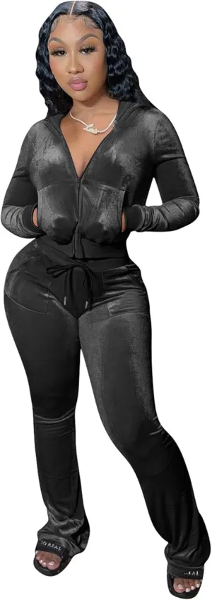 yidengymx Womens 2 Piece Velour Tracksuit Two Piece Outfits for Women Long Sleeve Zip Up Crop Tops Sweatpants Sets Pockets