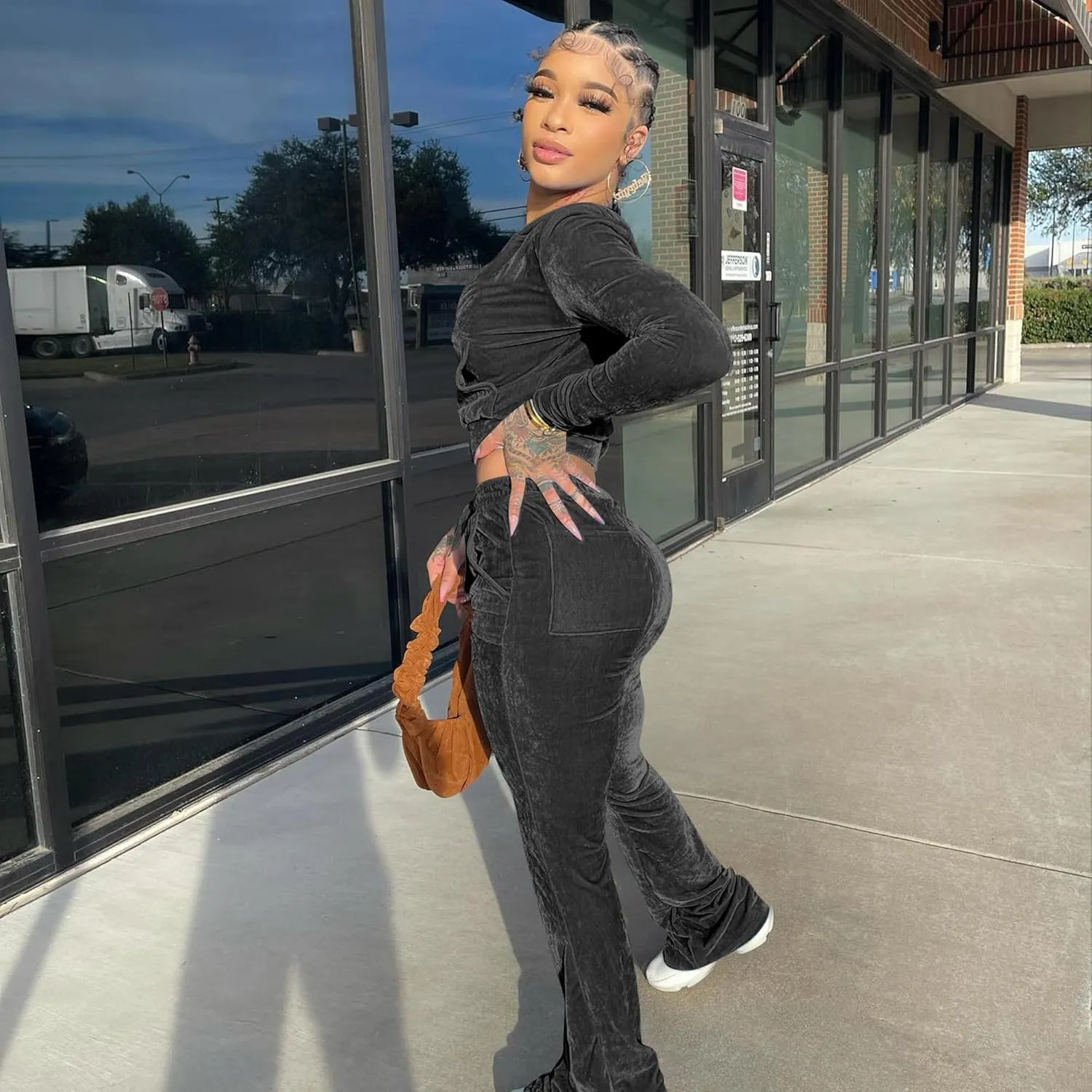 yidengymx Womens 2 Piece Velour Tracksuit Two Piece Outfits for Women Long Sleeve Zip Up Crop Tops Sweatpants Sets Pockets