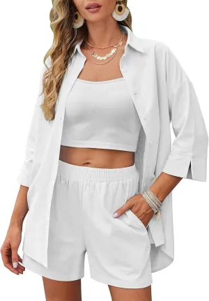 Zeagoo Women Linen Sets 2 Piece Tracksuit Summer Outfits Beach Linen Shirt Elastic Waist Casual Shorts Set