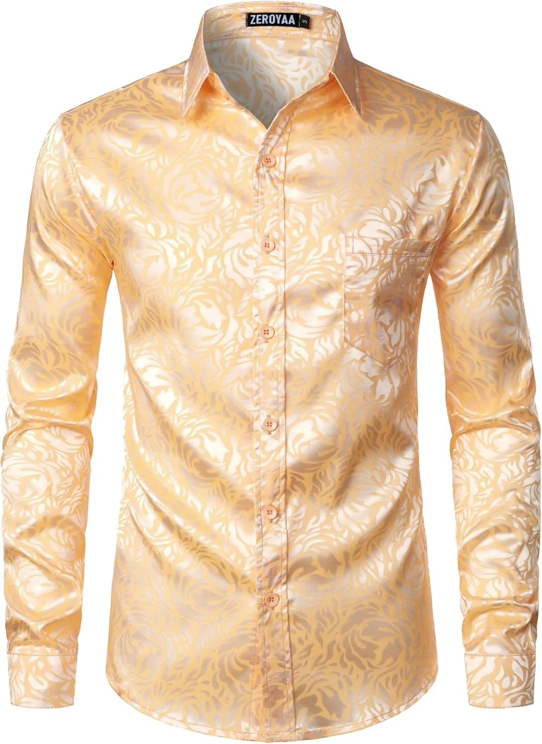 ZEROYAA Men's Hipster Jacquard Long Sleeve Satin Silk Like Button Up Dress Shirts for Party Prom
