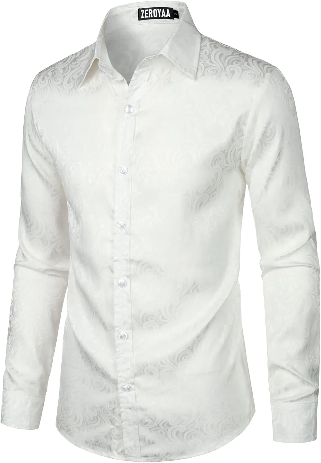 ZEROYAA Men's Hipster Jacquard Long Sleeve Satin Silk Like Button Up Dress Shirts for Party Prom