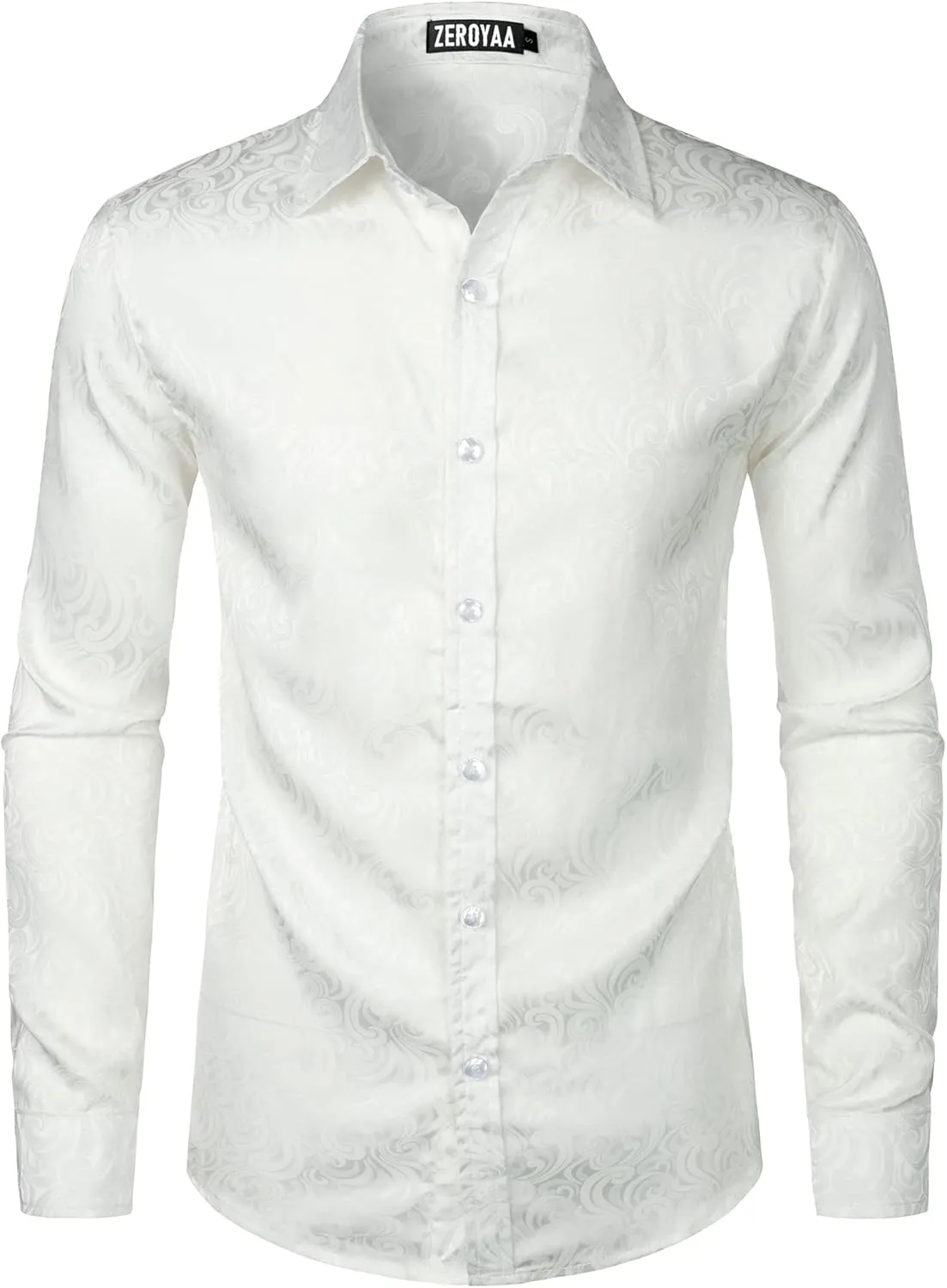 ZEROYAA Men's Hipster Jacquard Long Sleeve Satin Silk Like Button Up Dress Shirts for Party Prom
