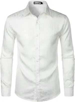 ZEROYAA Men's Hipster Jacquard Long Sleeve Satin Silk Like Button Up Dress Shirts for Party Prom