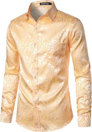 ZEROYAA Men's Hipster Jacquard Long Sleeve Satin Silk Like Button Up Dress Shirts for Party Prom