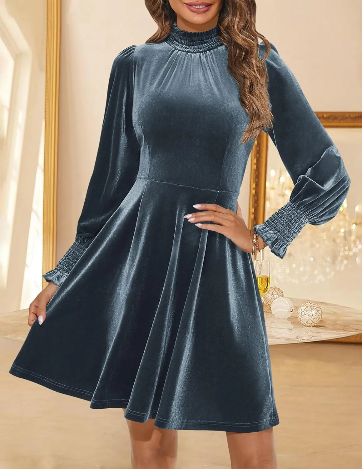 ZESICA Women's Velvet Mini Dresses Spring Long Sleeve High Neck Elastic Waist A Line Flowy Party Dress