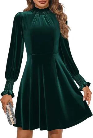 ZESICA Women's Velvet Mini Dresses Spring Long Sleeve High Neck Elastic Waist A Line Flowy Party Dress