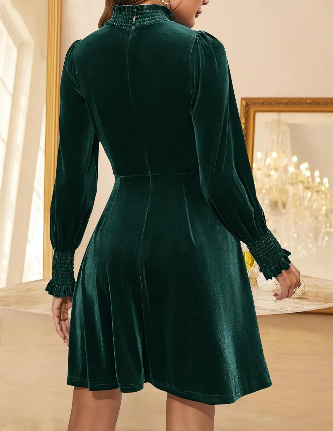 ZESICA Women's Velvet Mini Dresses Spring Long Sleeve High Neck Elastic Waist A Line Flowy Party Dress