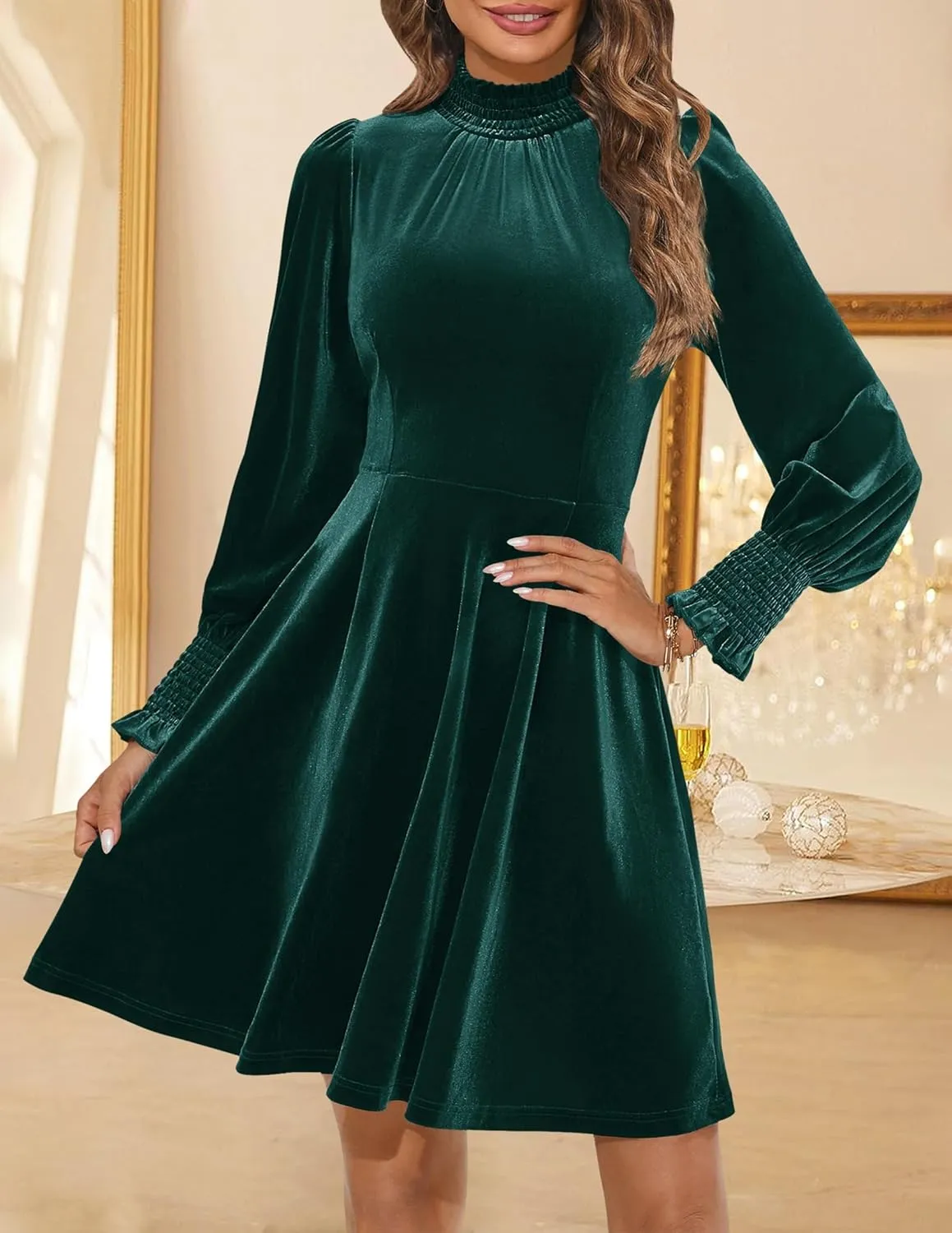 ZESICA Women's Velvet Mini Dresses Spring Long Sleeve High Neck Elastic Waist A Line Flowy Party Dress