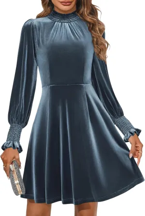 ZESICA Women's Velvet Mini Dresses Spring Long Sleeve High Neck Elastic Waist A Line Flowy Party Dress