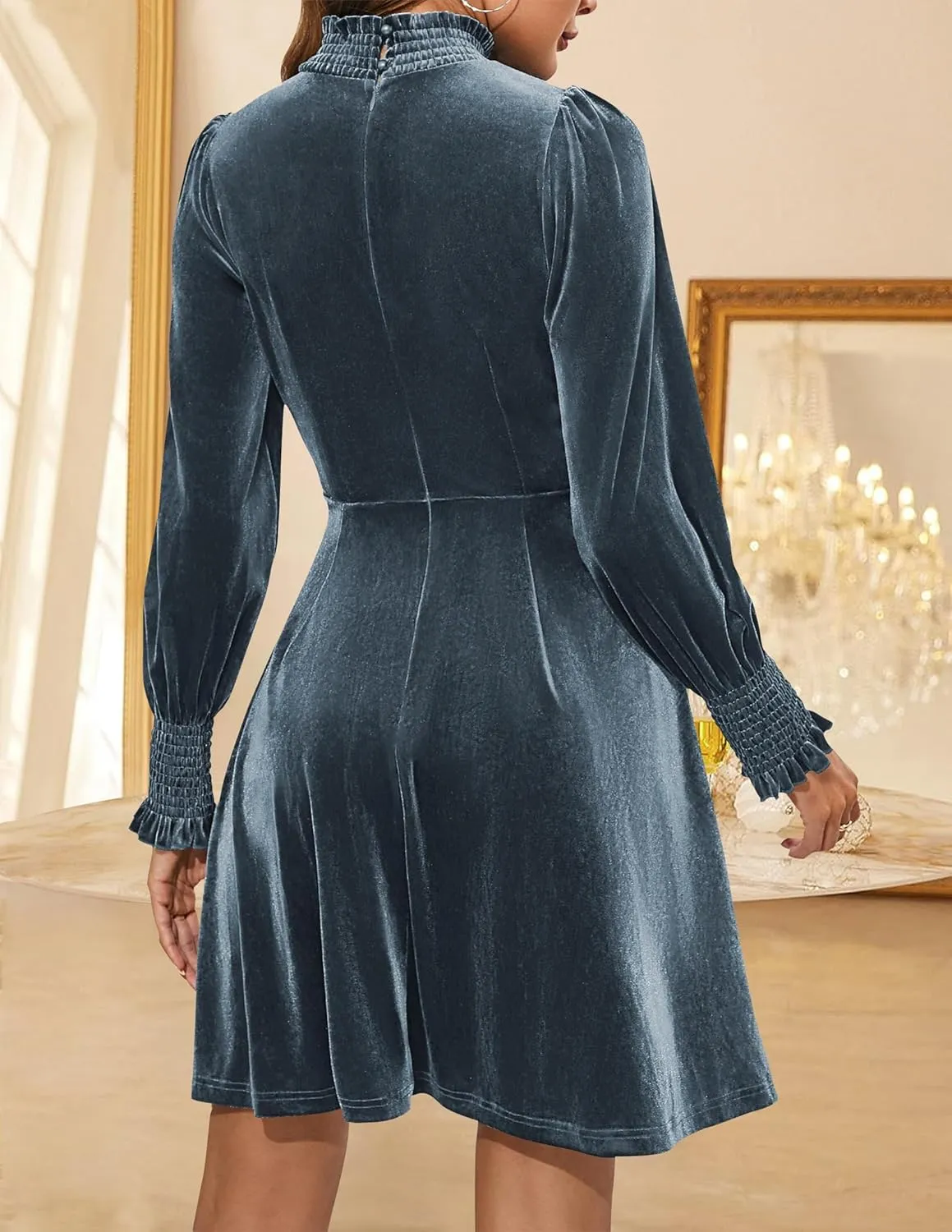 ZESICA Women's Velvet Mini Dresses Spring Long Sleeve High Neck Elastic Waist A Line Flowy Party Dress
